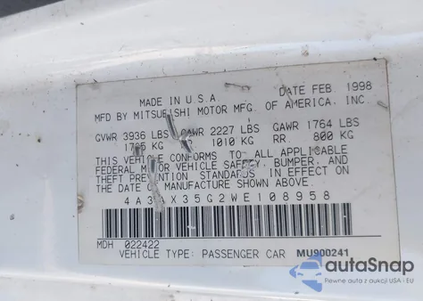 1998 Mitsubishi Eclipse Spyder Gs from USA, damaged, VIN 4A3AX35G2WE108958